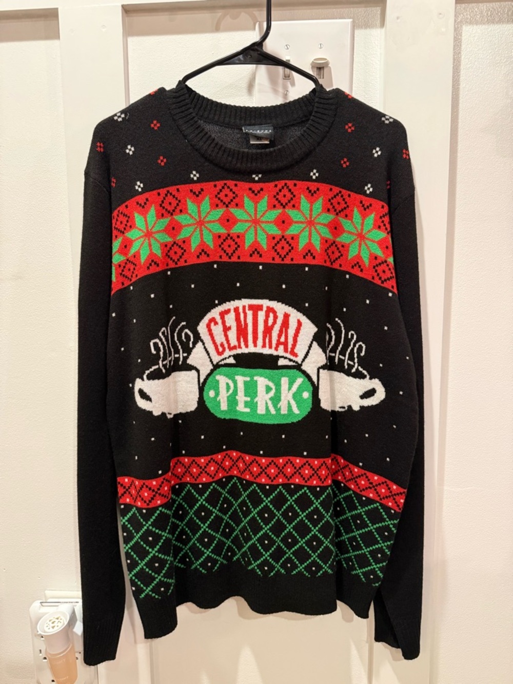 FRIENDS Central Perk Black Holiday Crewneck Sweater with Red & Green Fair Isle